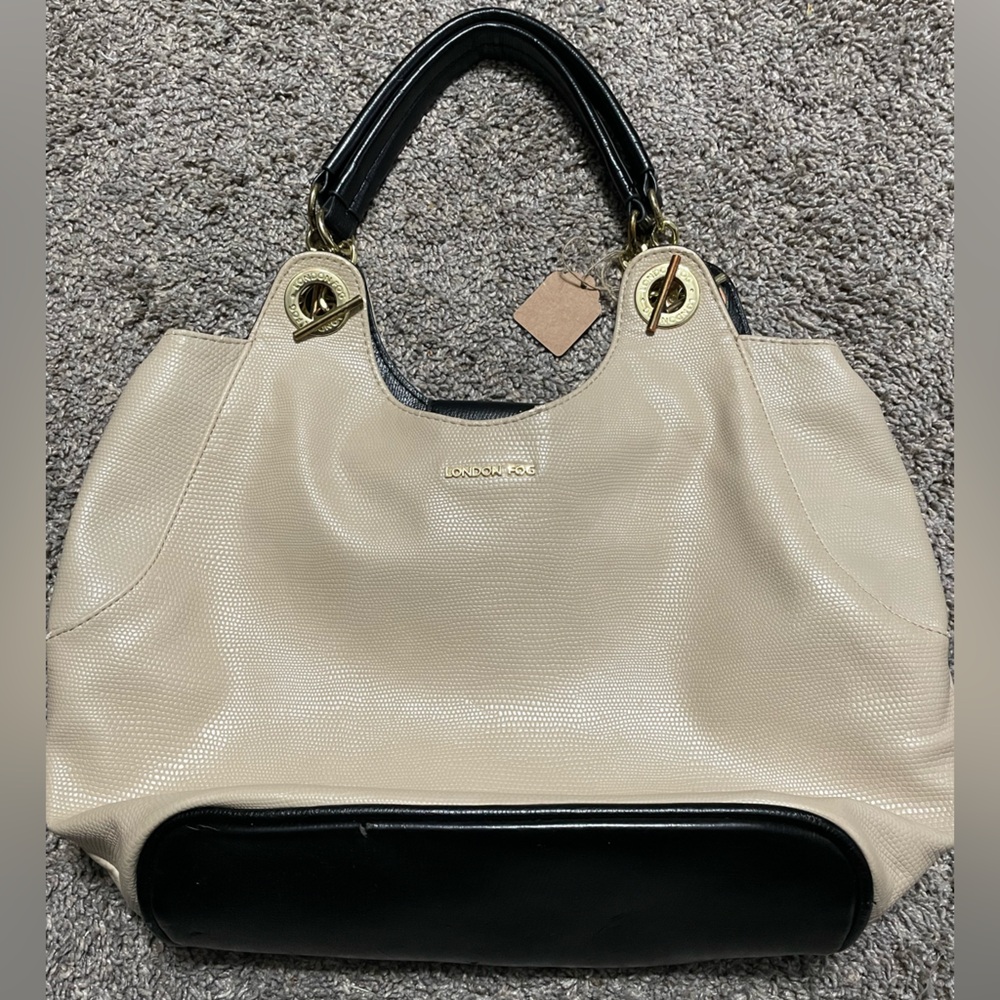 London Fog shoulder bag Women’s Cream Black Gold trim tote purse handbag boho